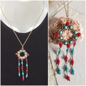 NEW Boho Aztec Turquoise and Red Beaded Necklace